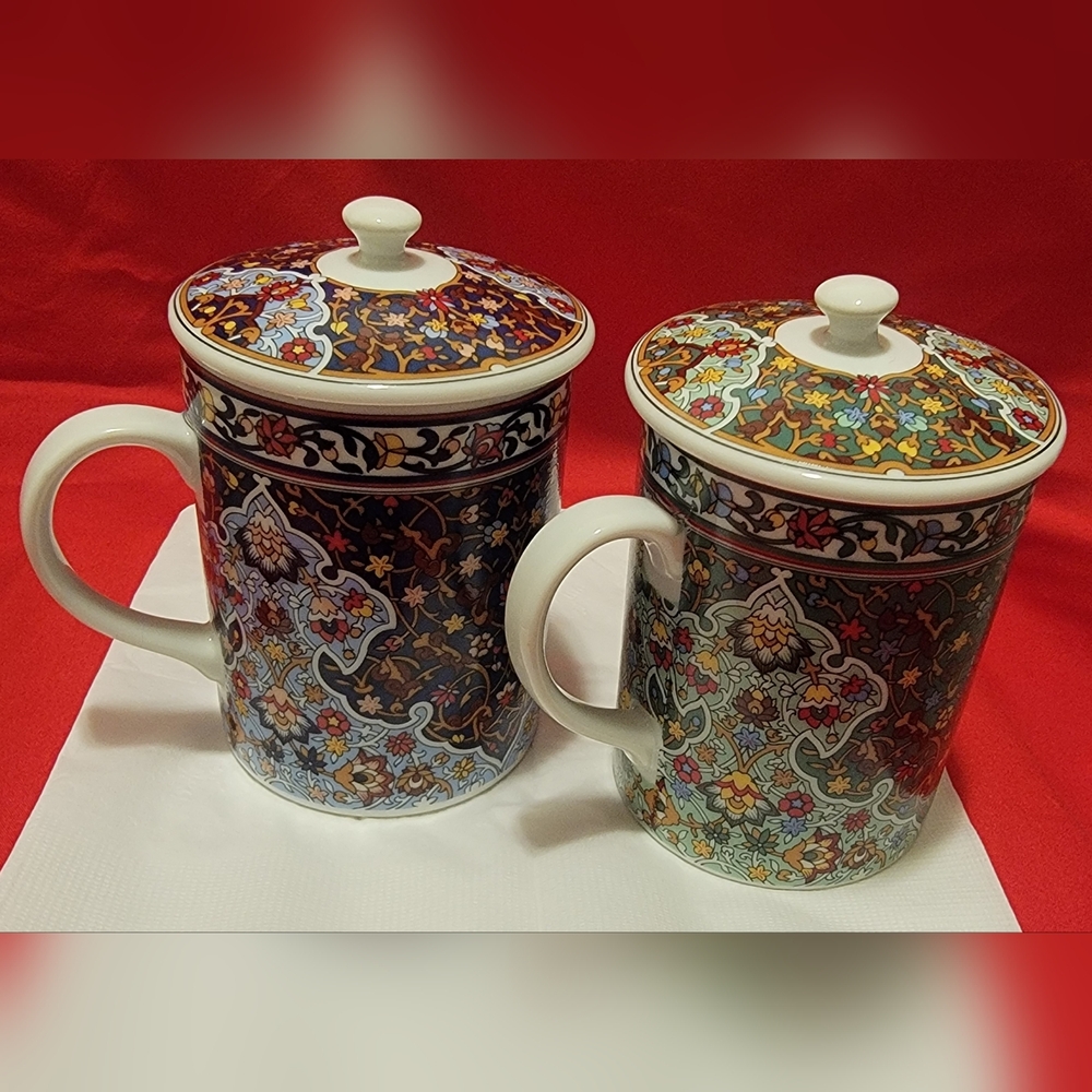 Two covered teacups, coffee cups,The Toscany Collection Japan, rare multicolored